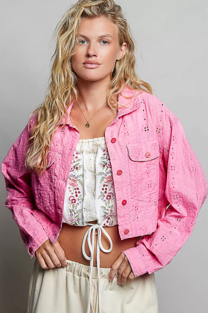 POL Eyelet Textured Cotton Cropped Button-Front Jacket