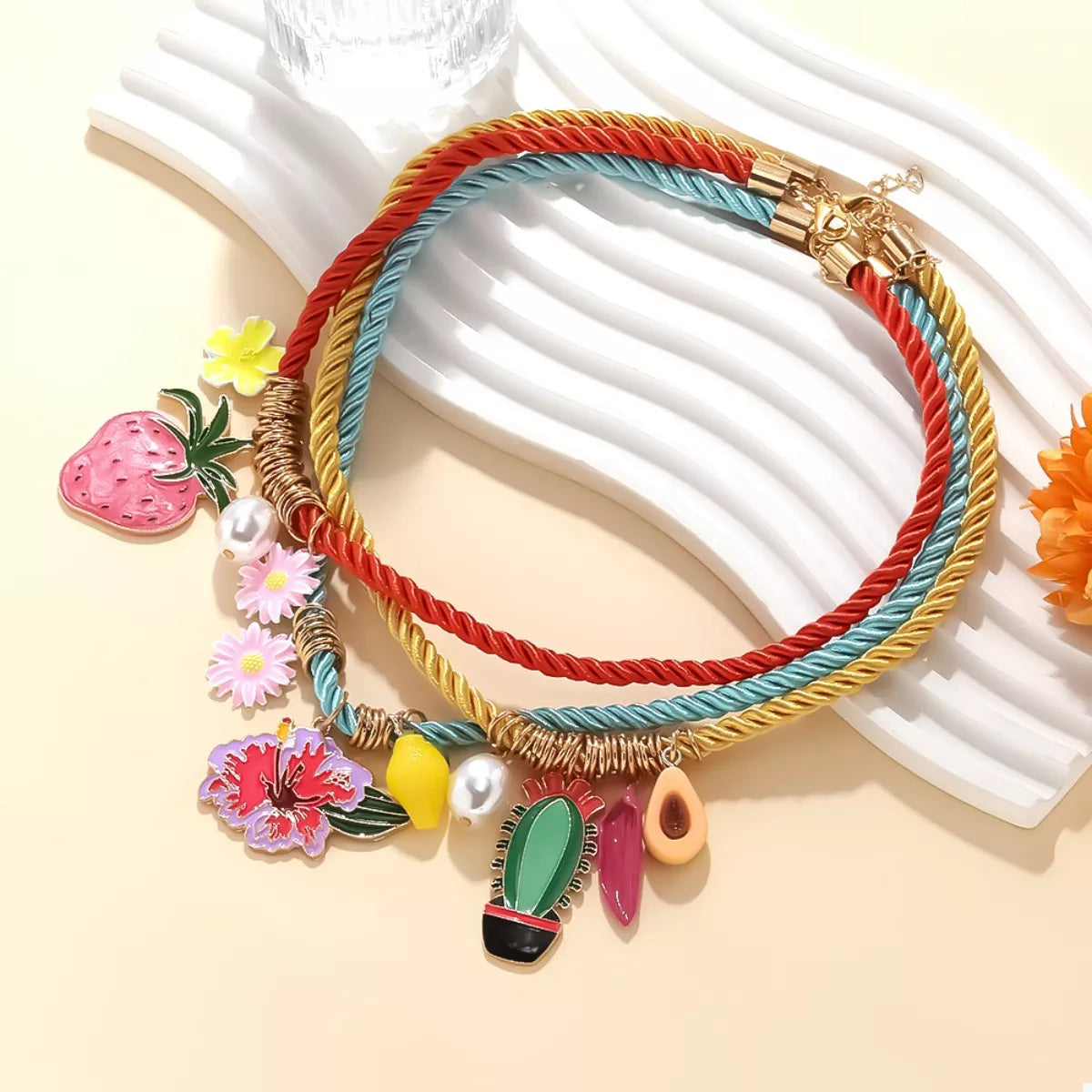 3 Piece Colorful Rope Charm Necklace