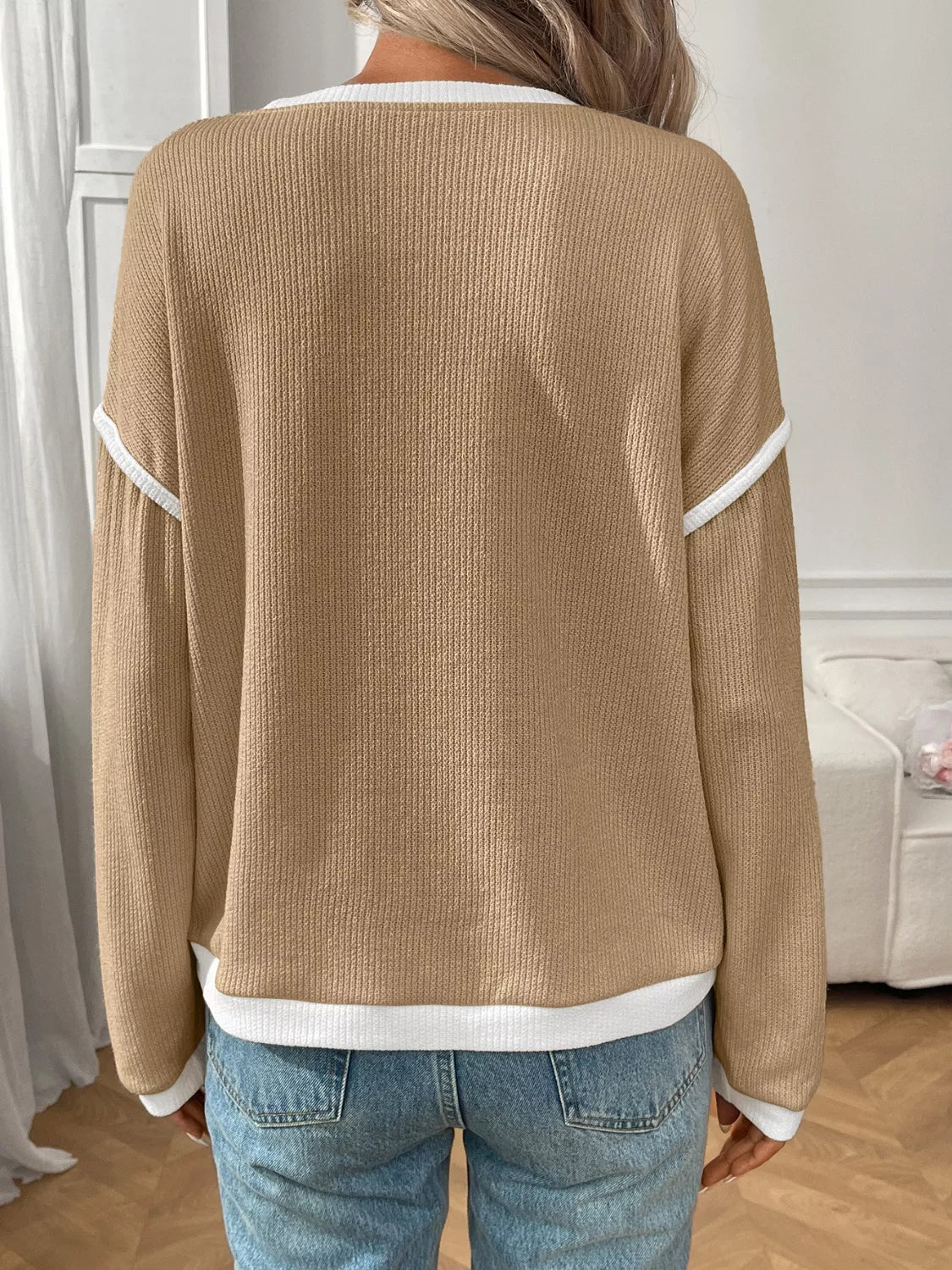 Ribbed Knit Contrast Trim Sweater