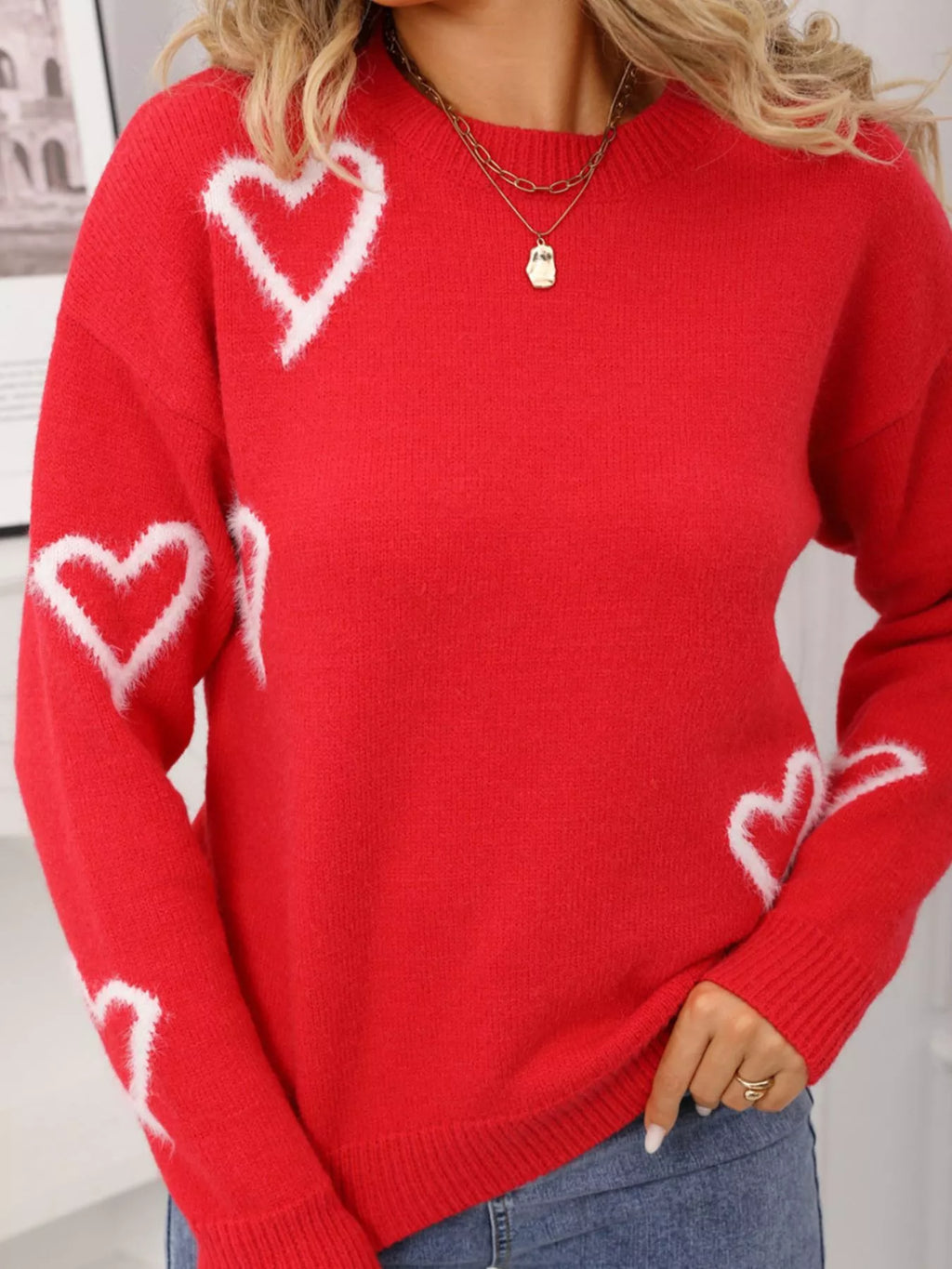 Valentine's Day Heart Print Crew Neck Sweater