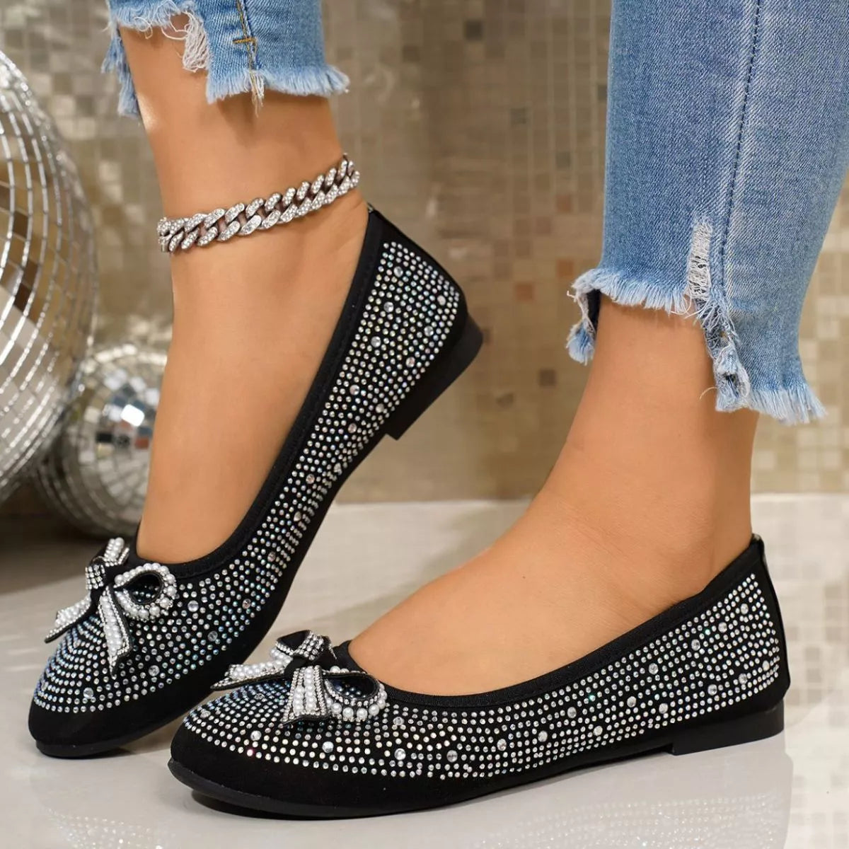 Rhinestone Bow Accent Slip-Ons