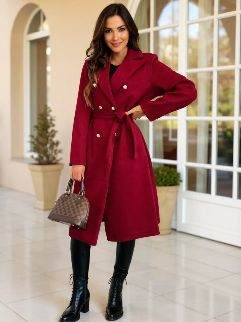 Double-Breasted Tie Waist Overcoat
