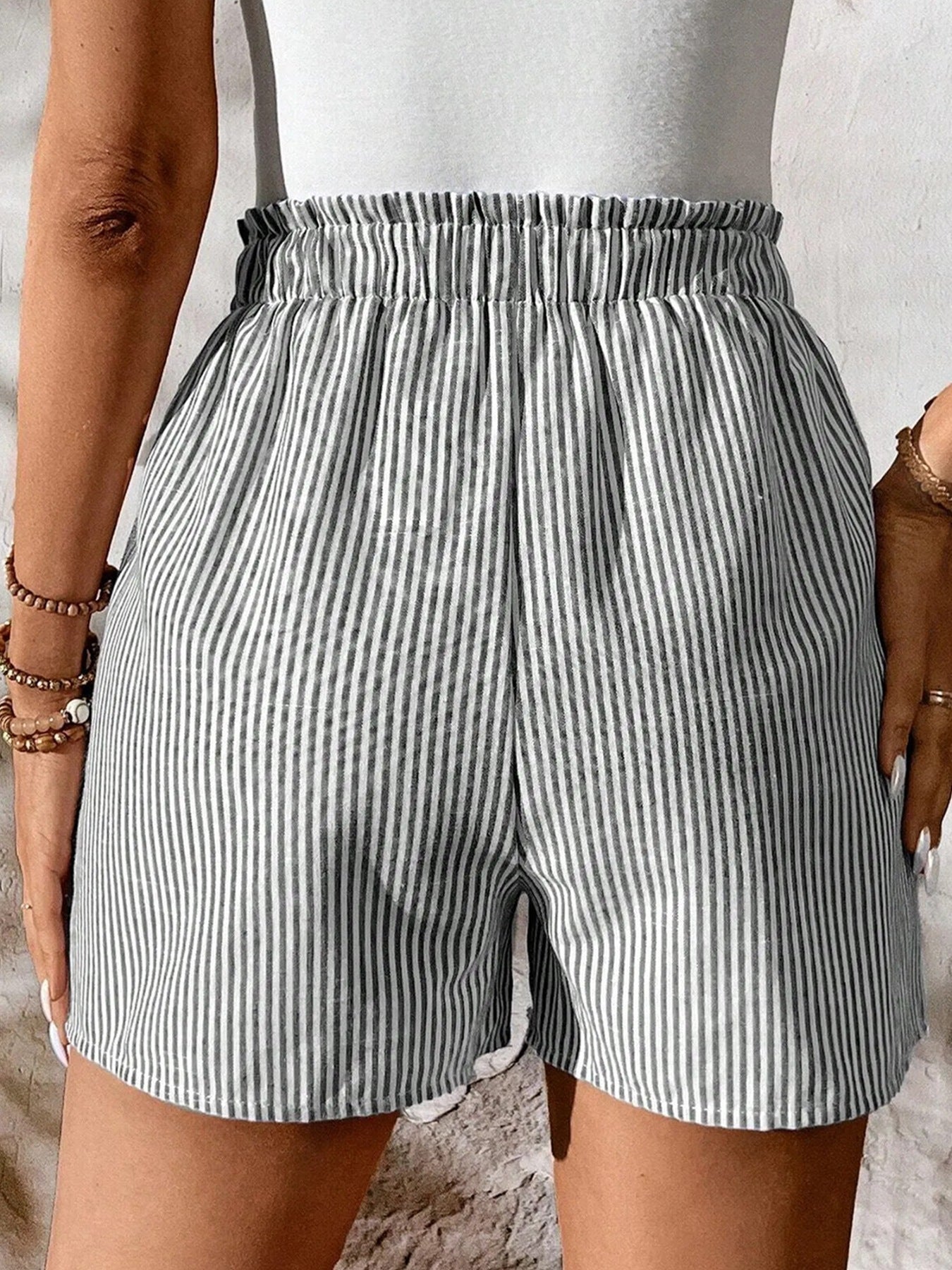 Striped Elastic Waist Drawstring Shorts