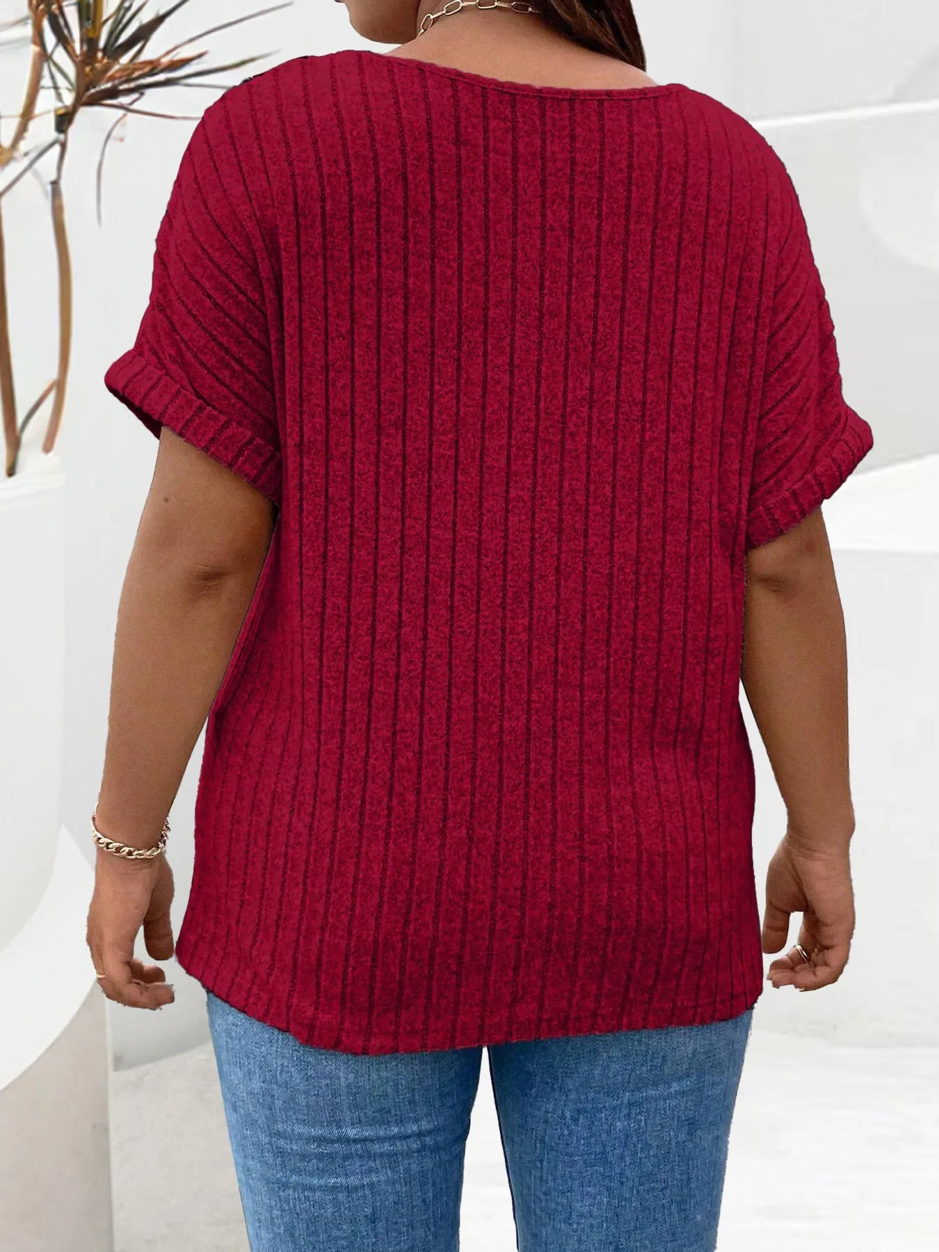 Plus Size Ribbed Half Zip Relaxed Fit T-Shirt
