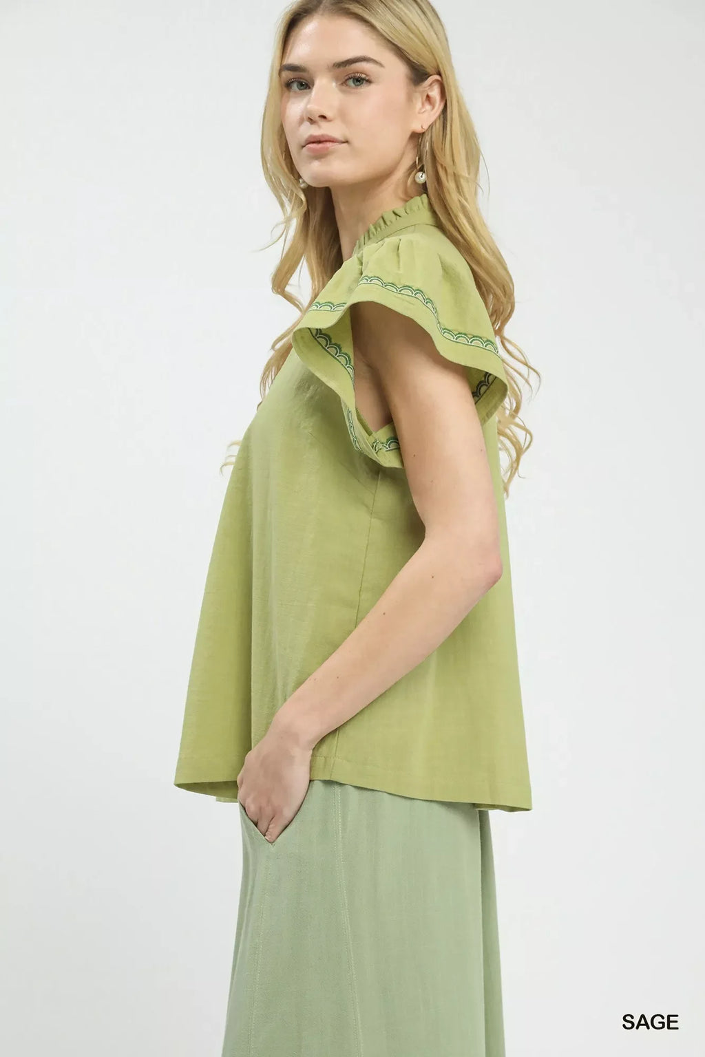 Umgee Embroidered Flutter Sleeve Blouse