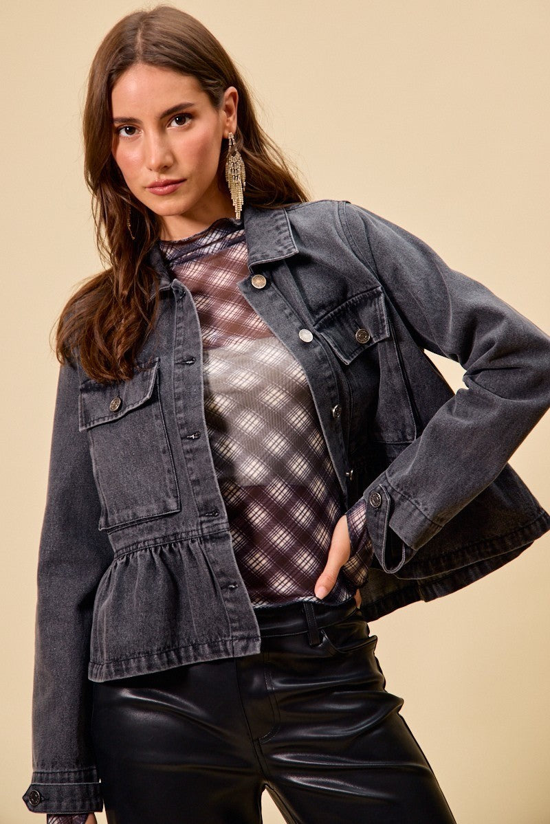 SO ME Denim Peplum Hem Front Button Jacket With Pockets
