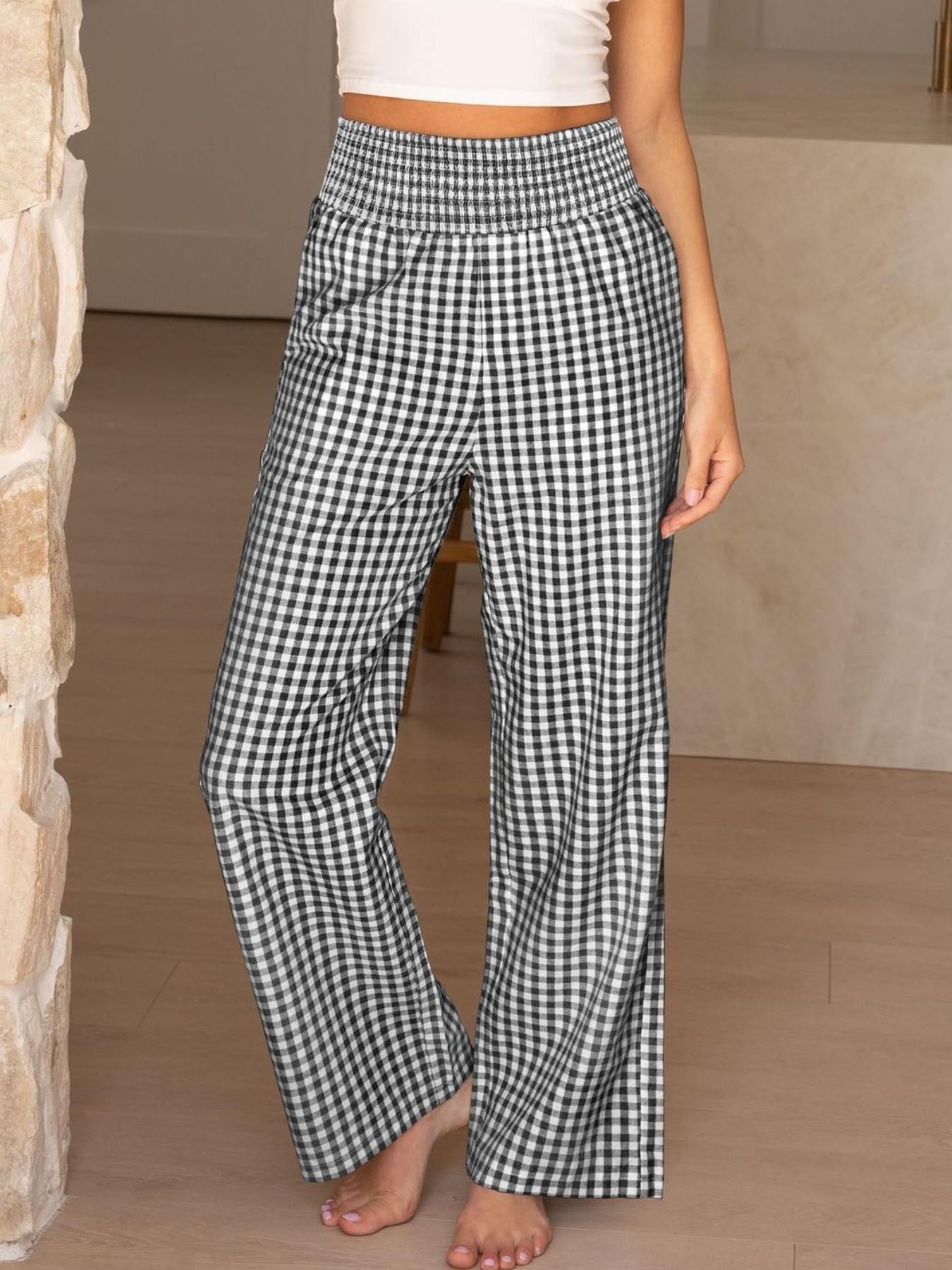 Gingham High Waist Wide Leg Pants