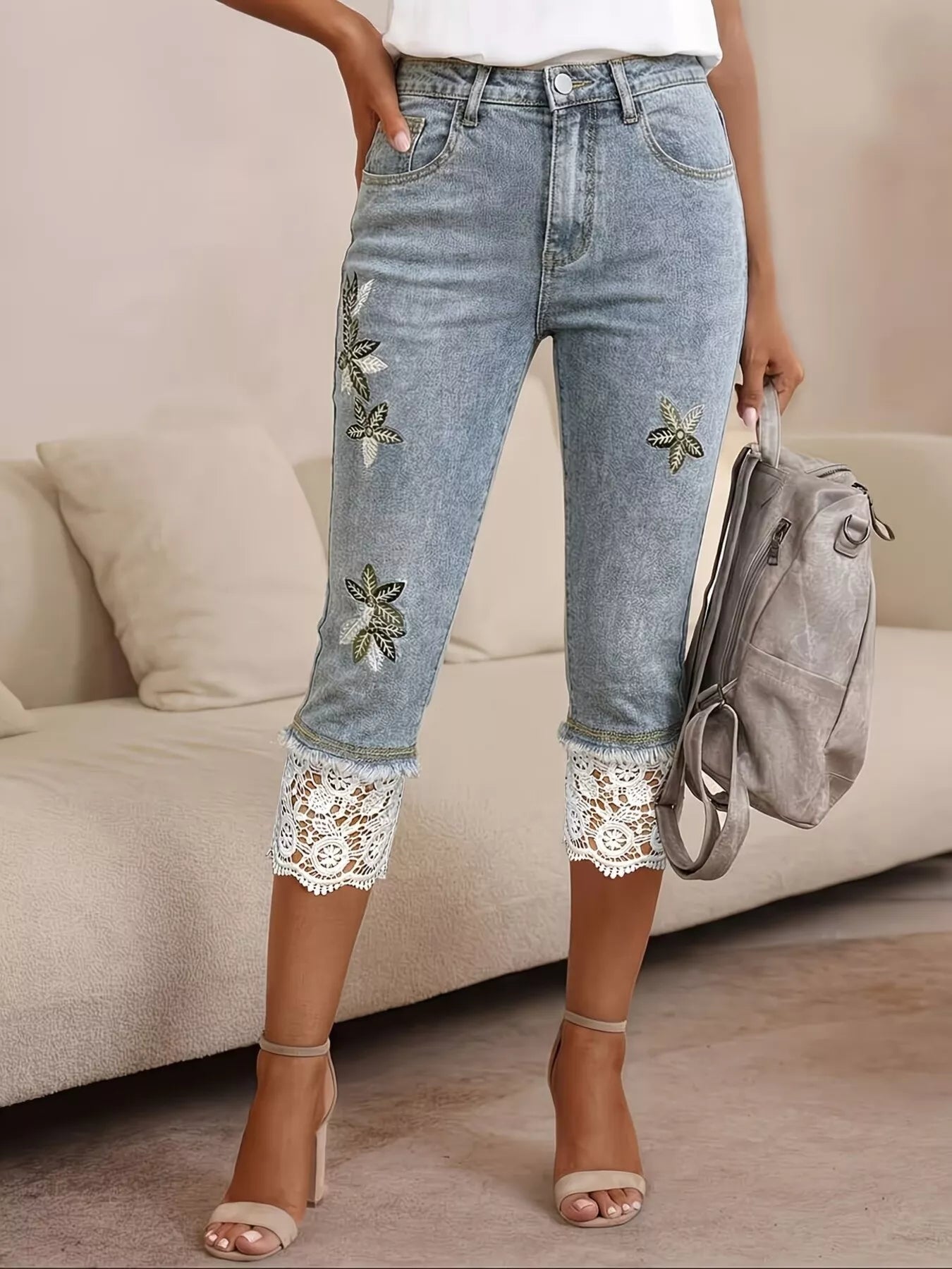 Lace Trimmed Capri Jeans