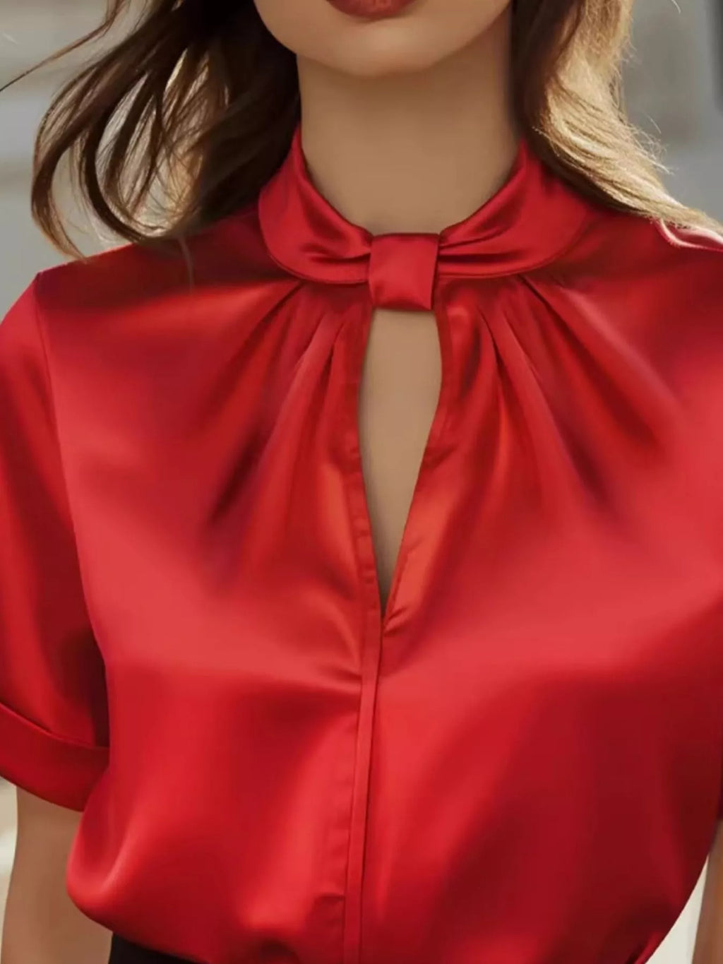 Satin Keyhole Short Sleeve Blouse