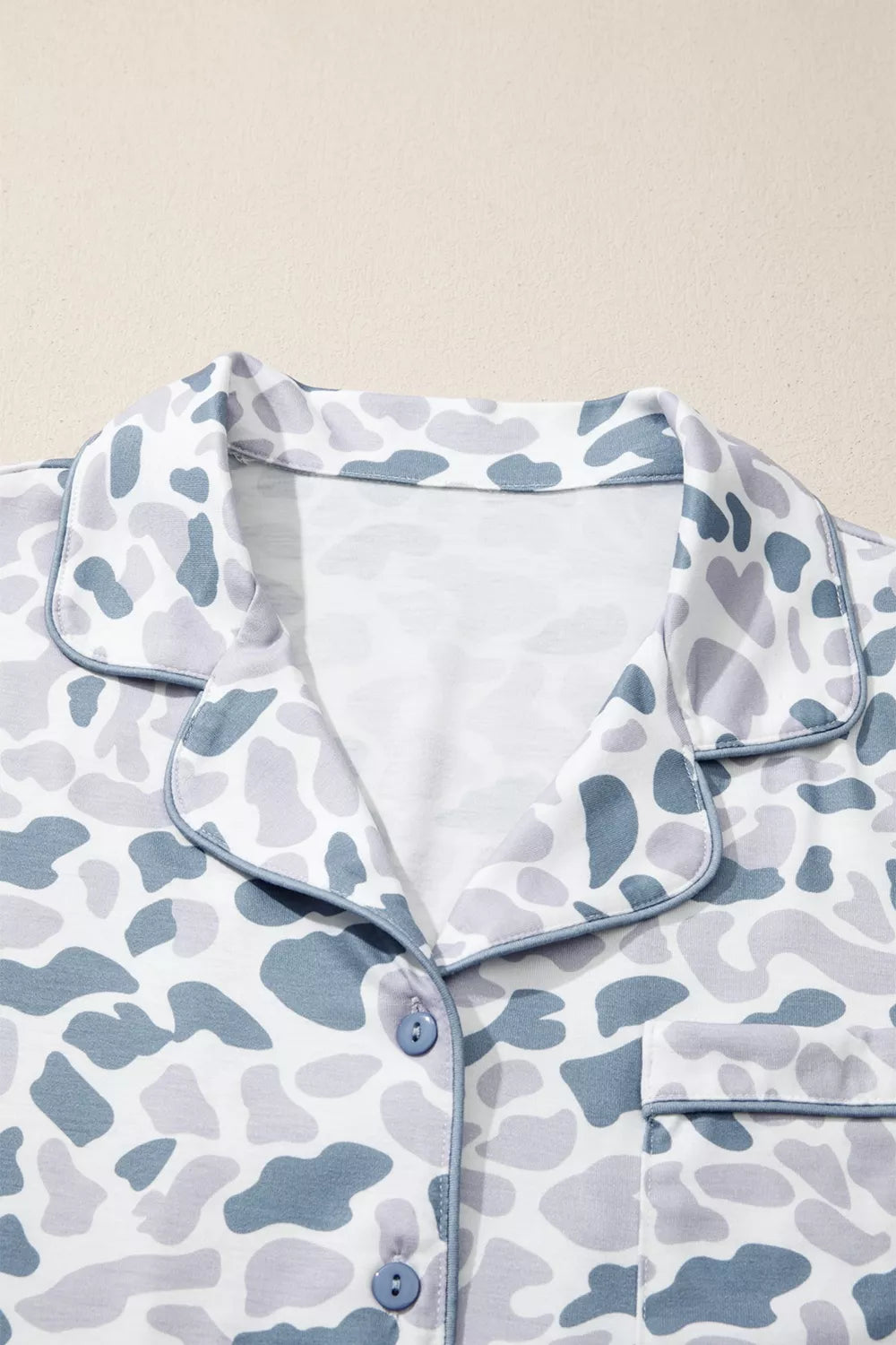 Camouflage Print Lapel Shirt Drawstring 2pcs Short Pajama Set
