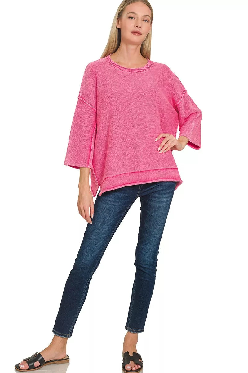 Zenana Washed 3/4 Sleeve Boxy Sweater