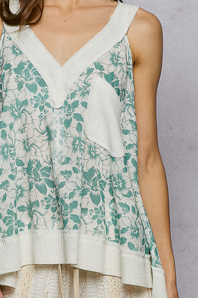 POL Floral V-Neck Tank with Front Pocket