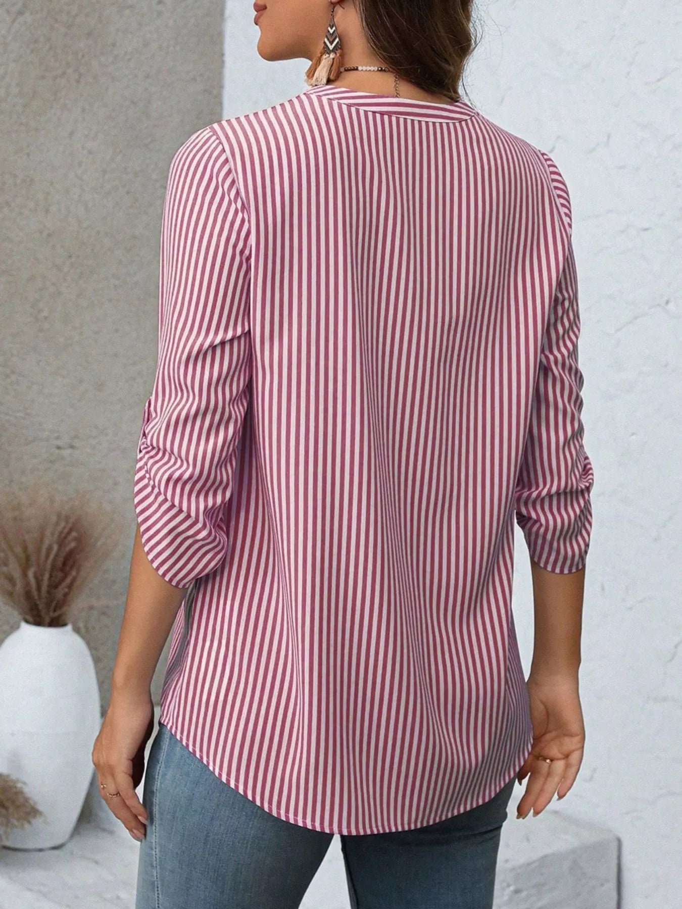 Striped V-Neck Roll-Up Sleeve Blouse