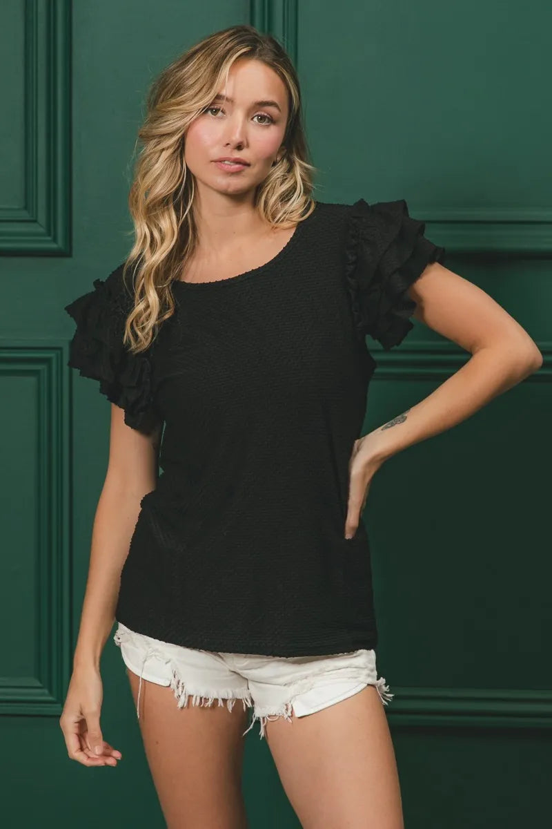 BiBi Birdseye Texture Layered Ruffle Top