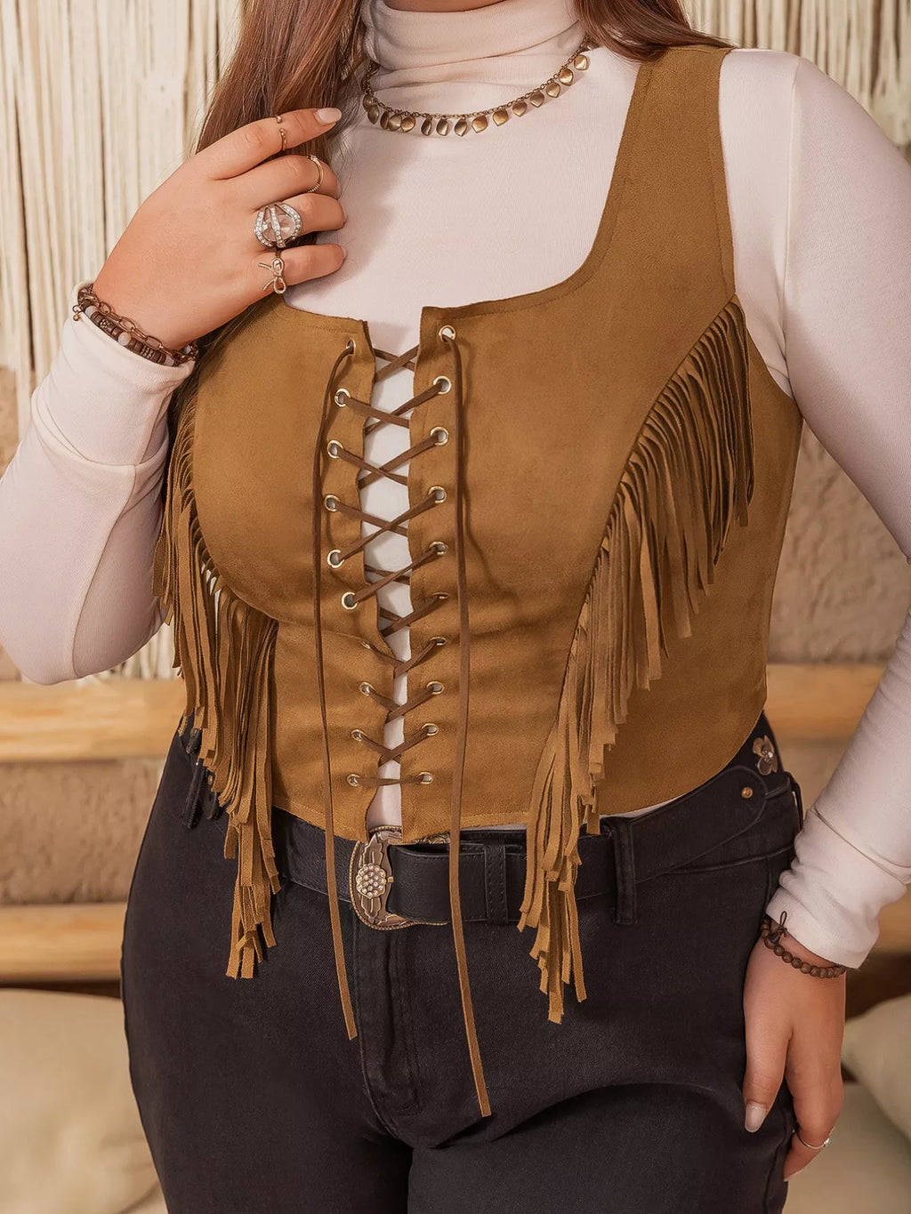 Plus Size Fringed Lace-Up Suede Vest