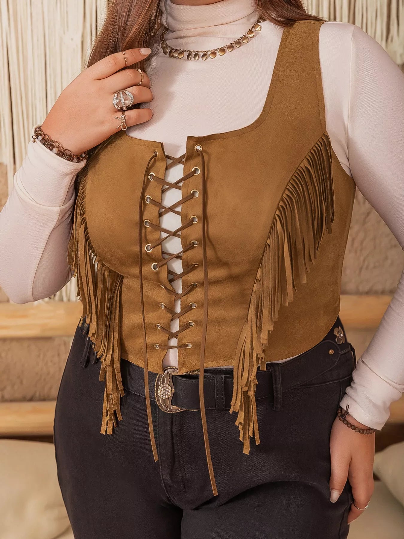 Plus Size Fringed Lace-Up Suede Vest