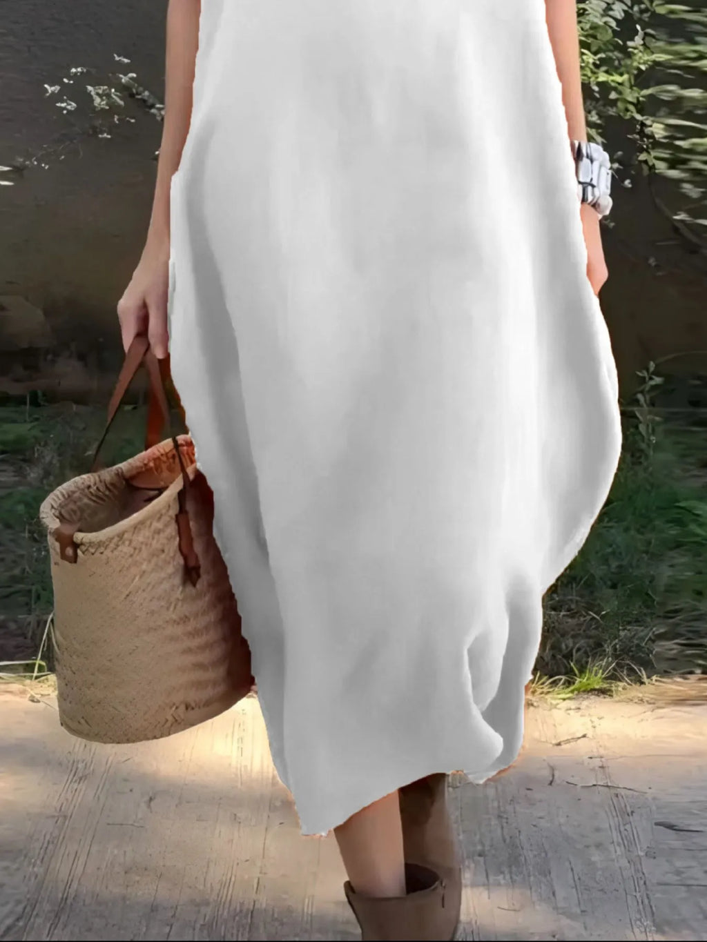 Full Size Casual Loose Fit Round Neck Midi Dress Plus Size