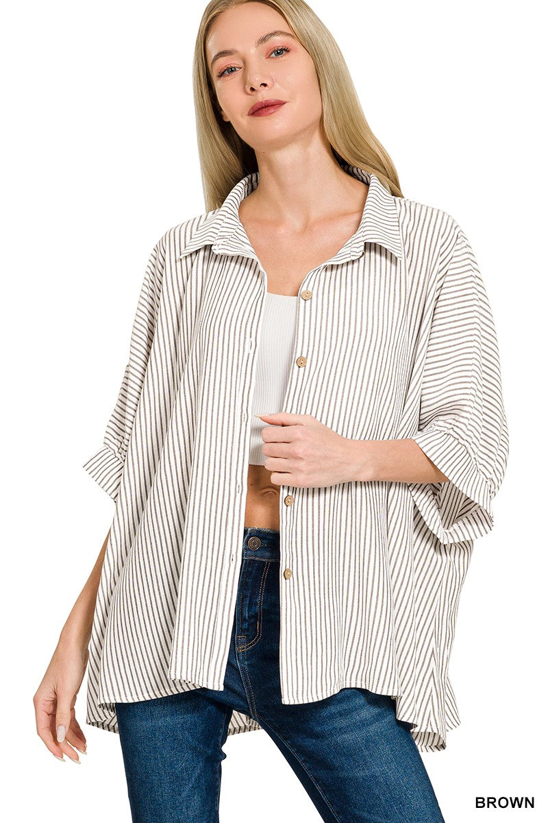 Zenana Woven Stripe Button Down Boxy Shirt