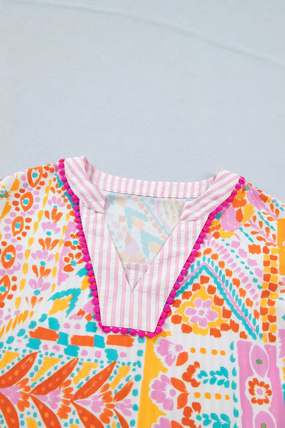 Mixed Print Contrast Trim Striped Patchwork Tiered Short Sleeve Blouse