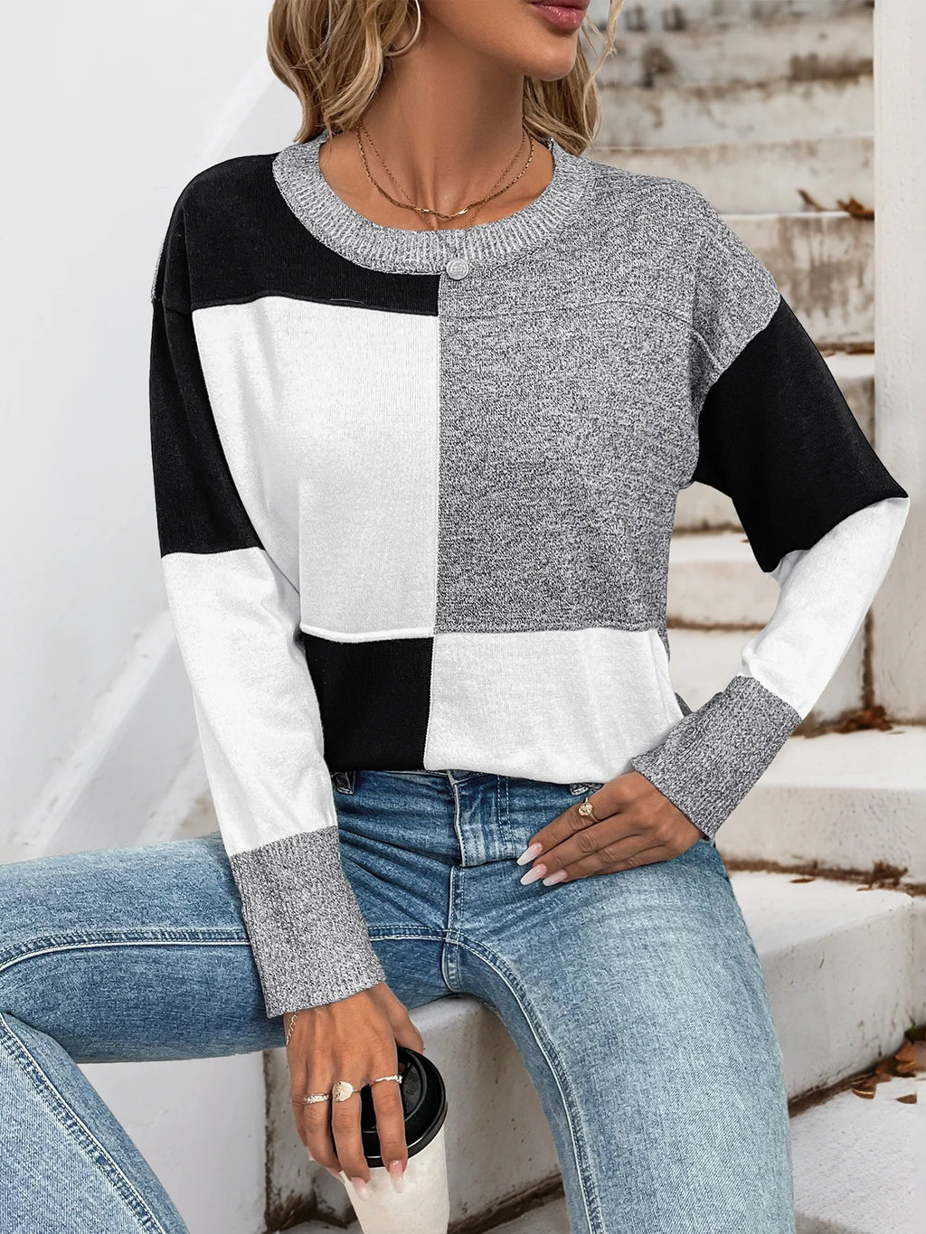 Color Block Knit Long Sleeve Sweater