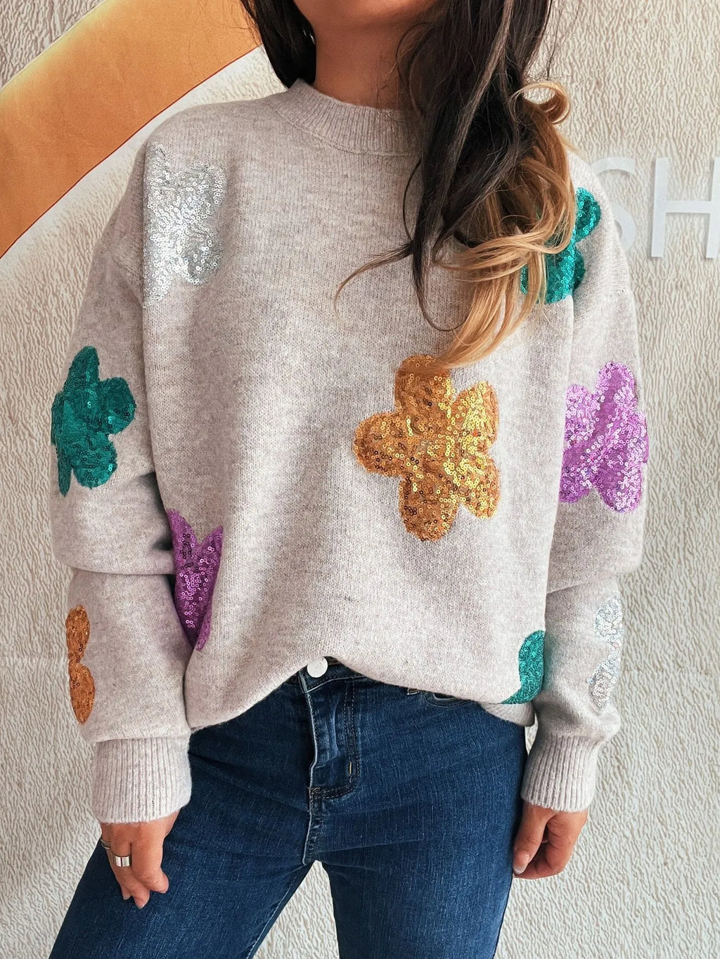 Sequin Flower Round Neck Long Sleeve Sweater