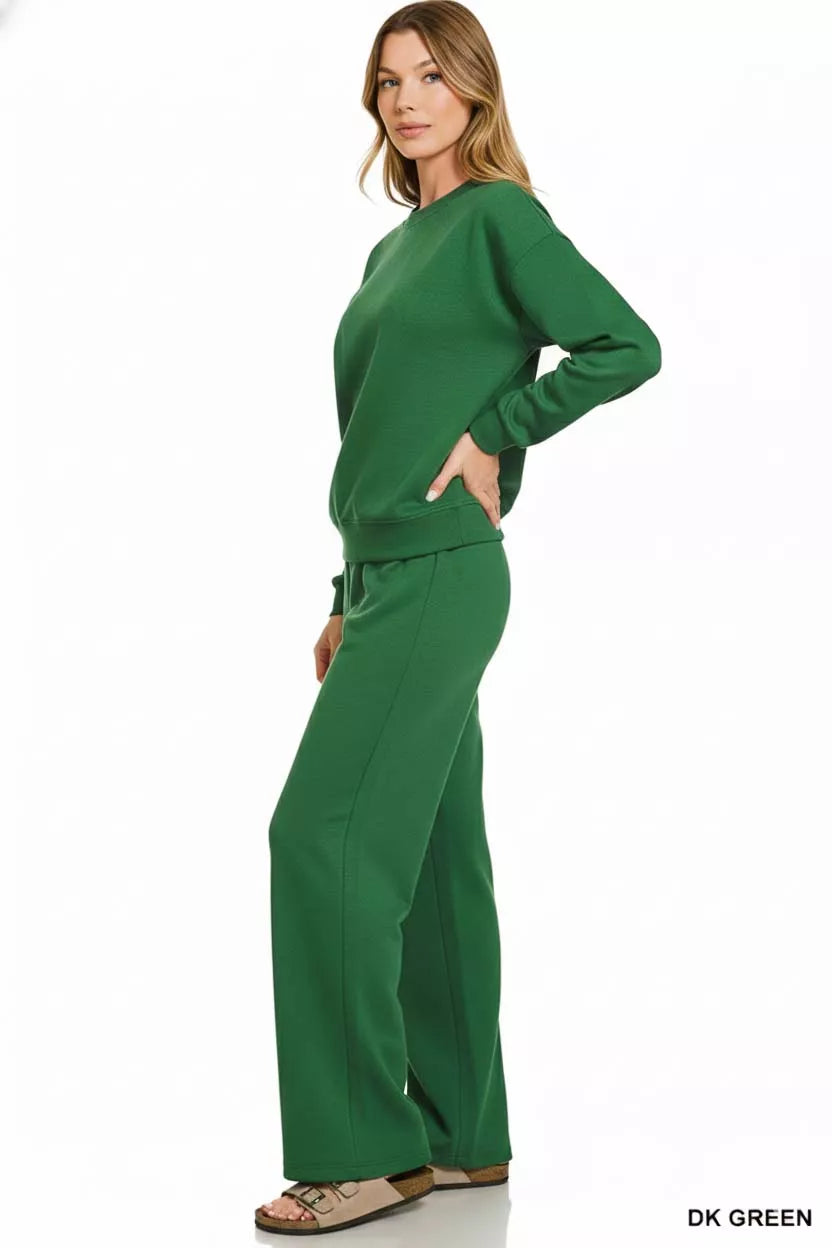 Zenana Scuba Crewneck Pullover and Pants Set
