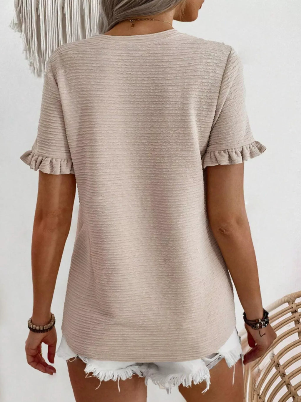 Textured Ruffle Sleeve Round Neck T-Shirt