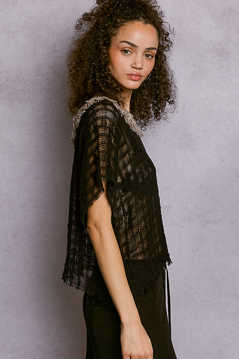 POL Texture Raw Hem Round Neck Short Sleeve Top
