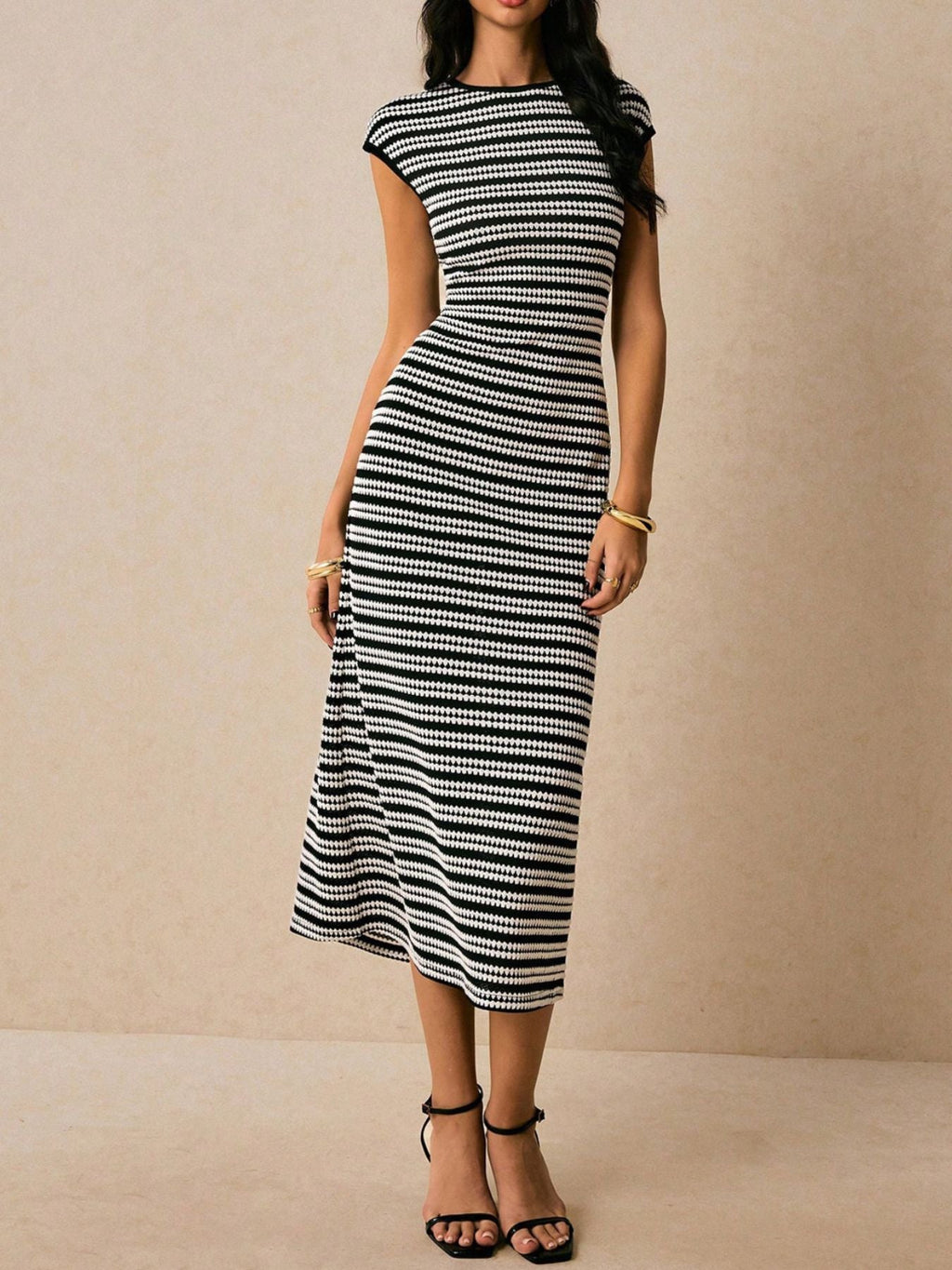 Striped Cap Sleeve Bodycon Midi Dress