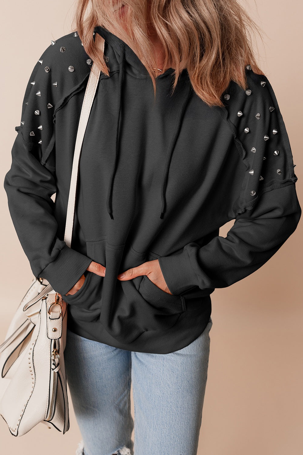 Drawstring Studded Long Sleeve Hoodie