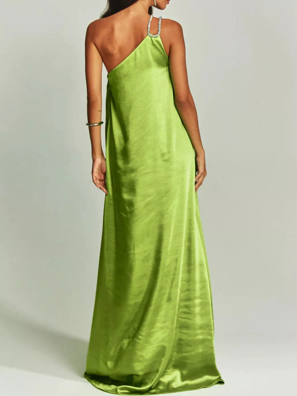 One-Shoulder Rhinestone Satin Maxi Dress