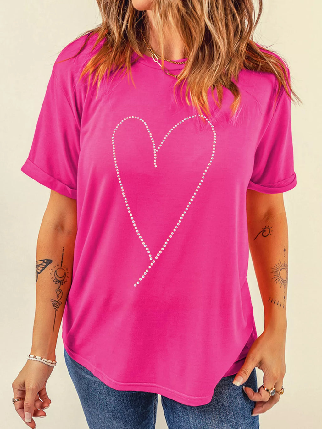 Rhinestone Heart Graphic Crew Neck Valentines Tee