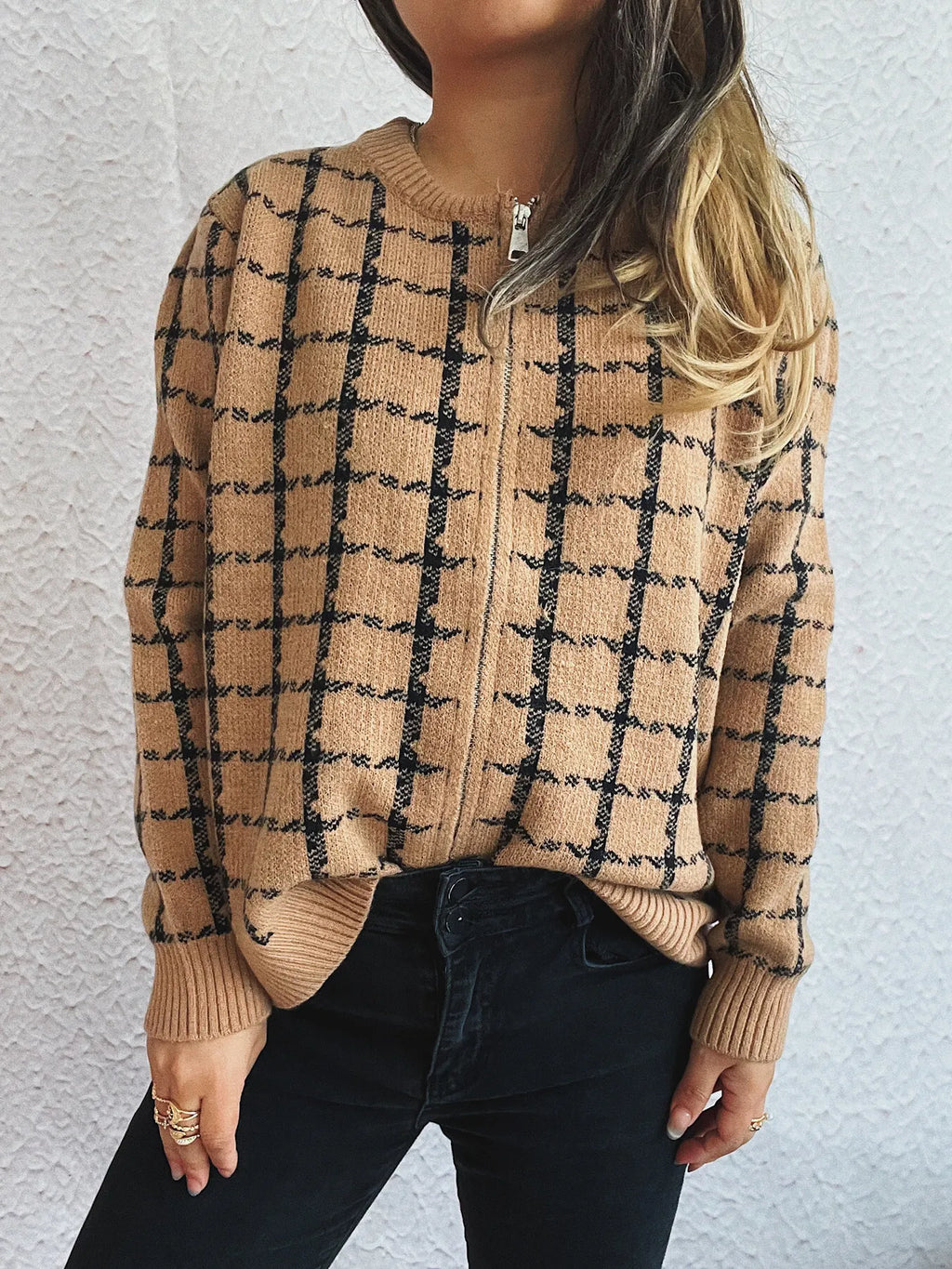 Plaid Pattern Zip Up Cardigan