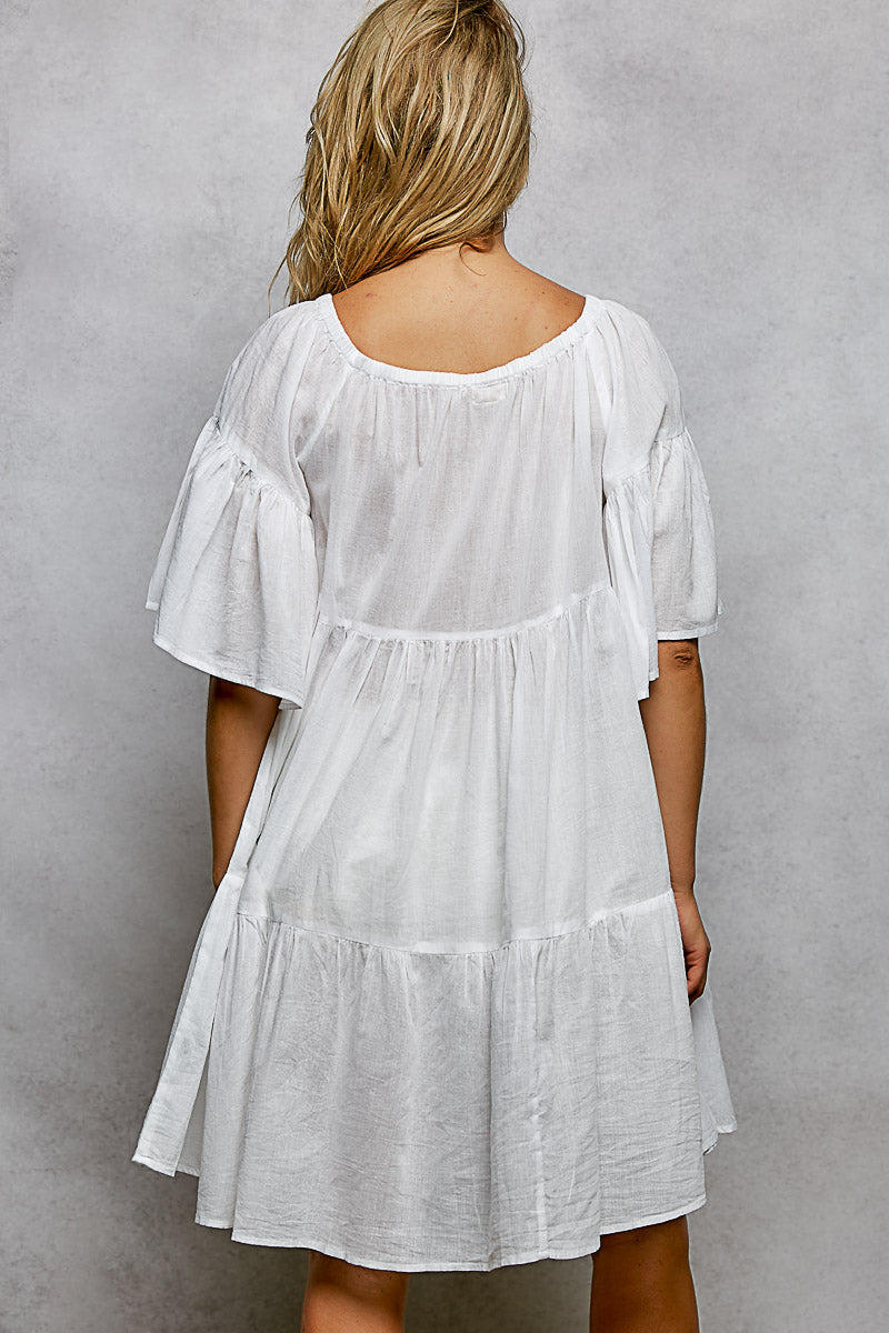 POL Tied Tassel Embroidery Half Flared Sleeve Mini Dress
