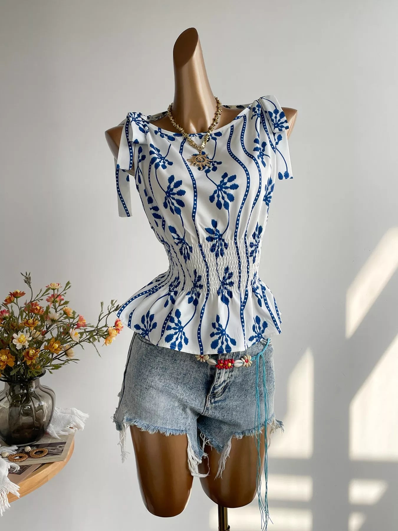 Smocked Tie Shoulder Blouse