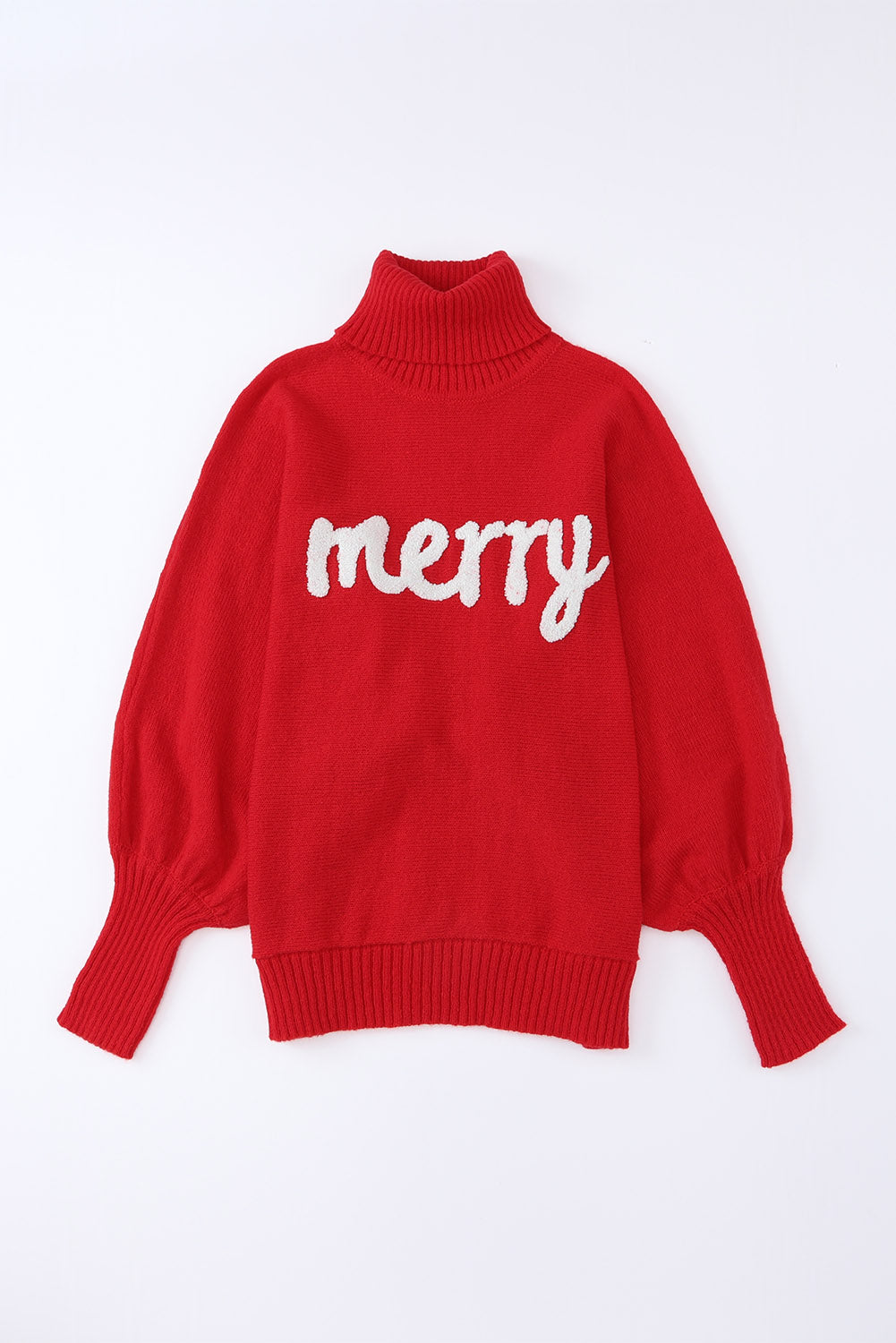 Christmas Merry Embroidered Puff Sleeve Turtleneck Sweater