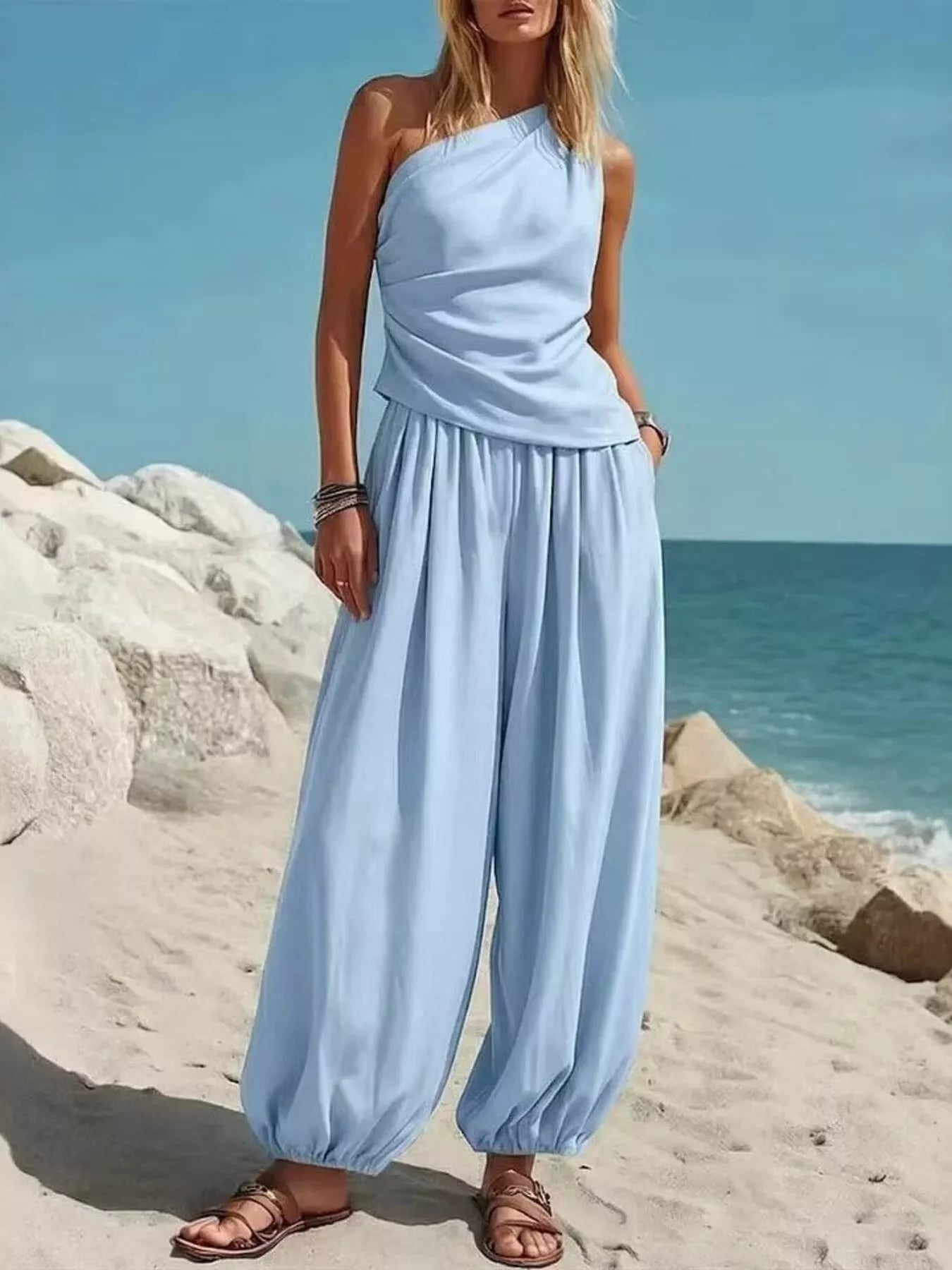 Full Size One-Shoulder Top and Wide Leg Pants Set Plus Size
