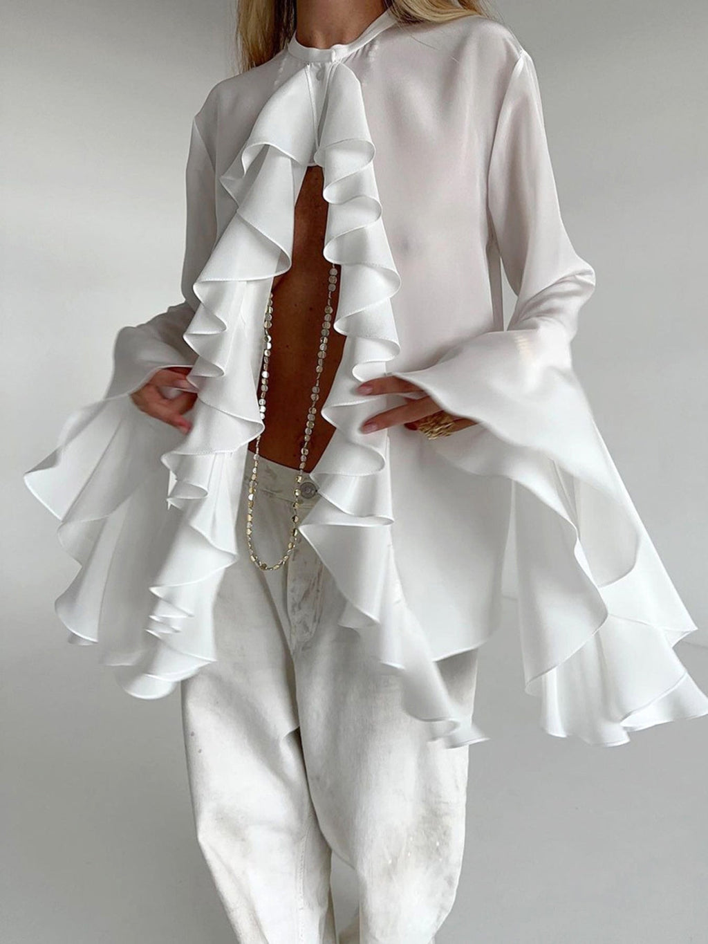 Ruffle Trim Flounce Sleeve Blouse