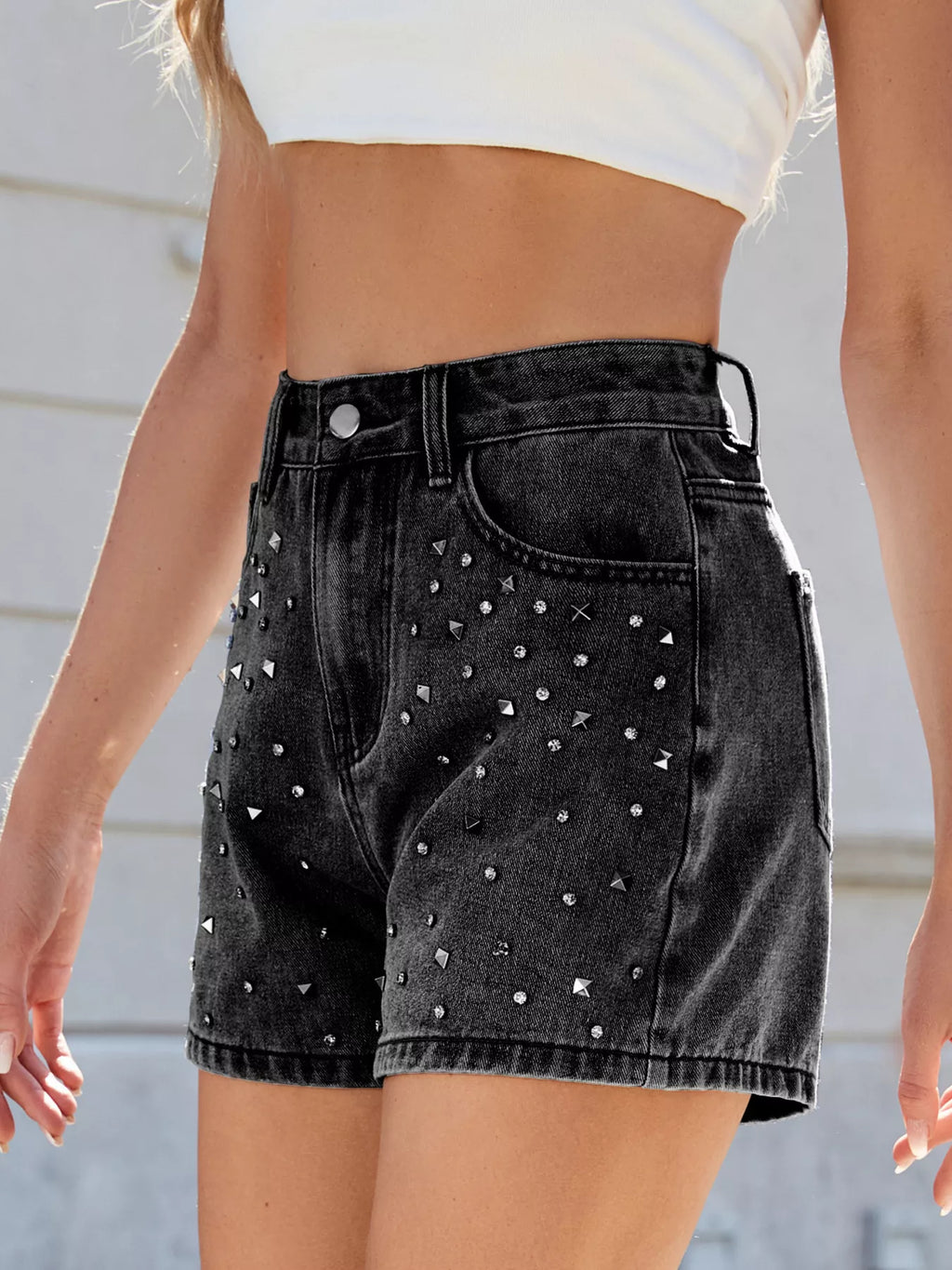 Studded High Waist Denim Shorts