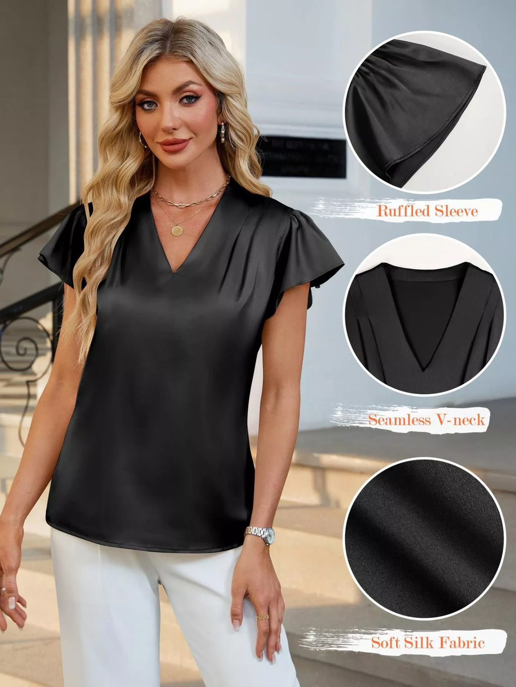 Satin V-Neck Flutter Sleeve Blouse