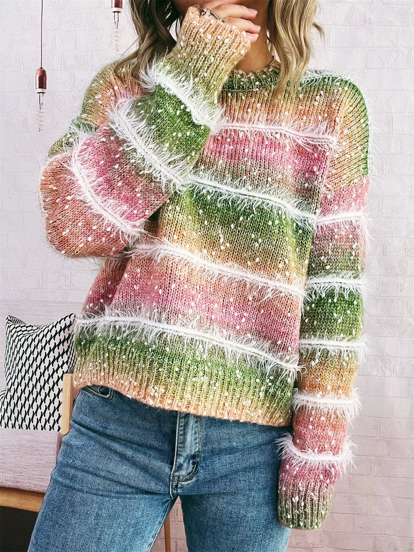 Gradient Striped Round Neck Sweater