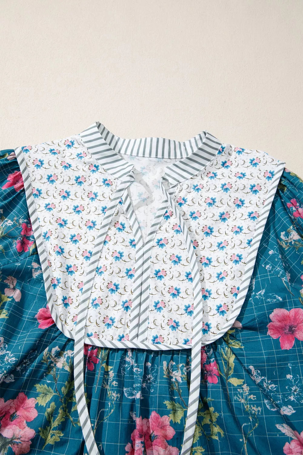 Floral Print Contrast Yoke Patchwork Striped Trim Long Puff Sleeve Blouse