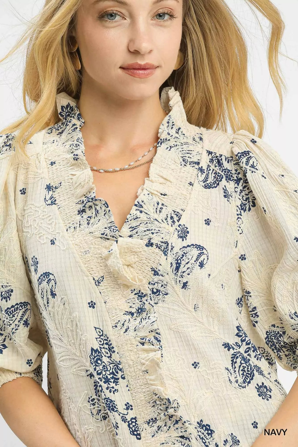 Umgee Floral Embroidered Blouse with Ruffle Trim