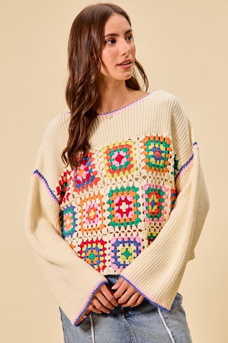 SO ME Multi Color Granny Crochet Lace Sweater Top