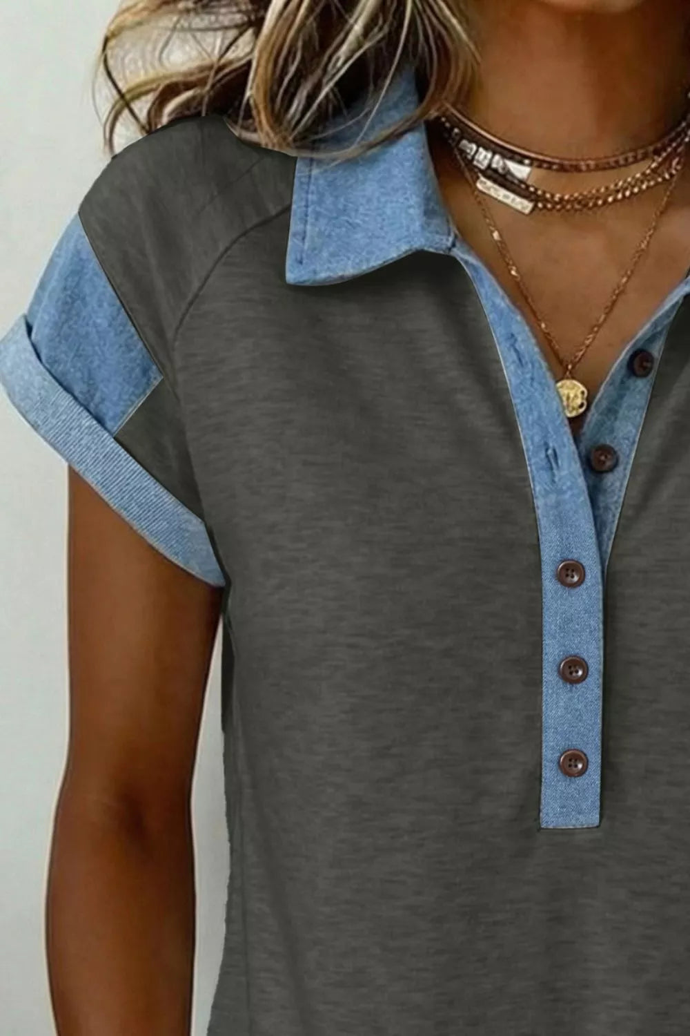 Color Block Polo Neck Patriotic Sequin Star Graphic Polo Tee