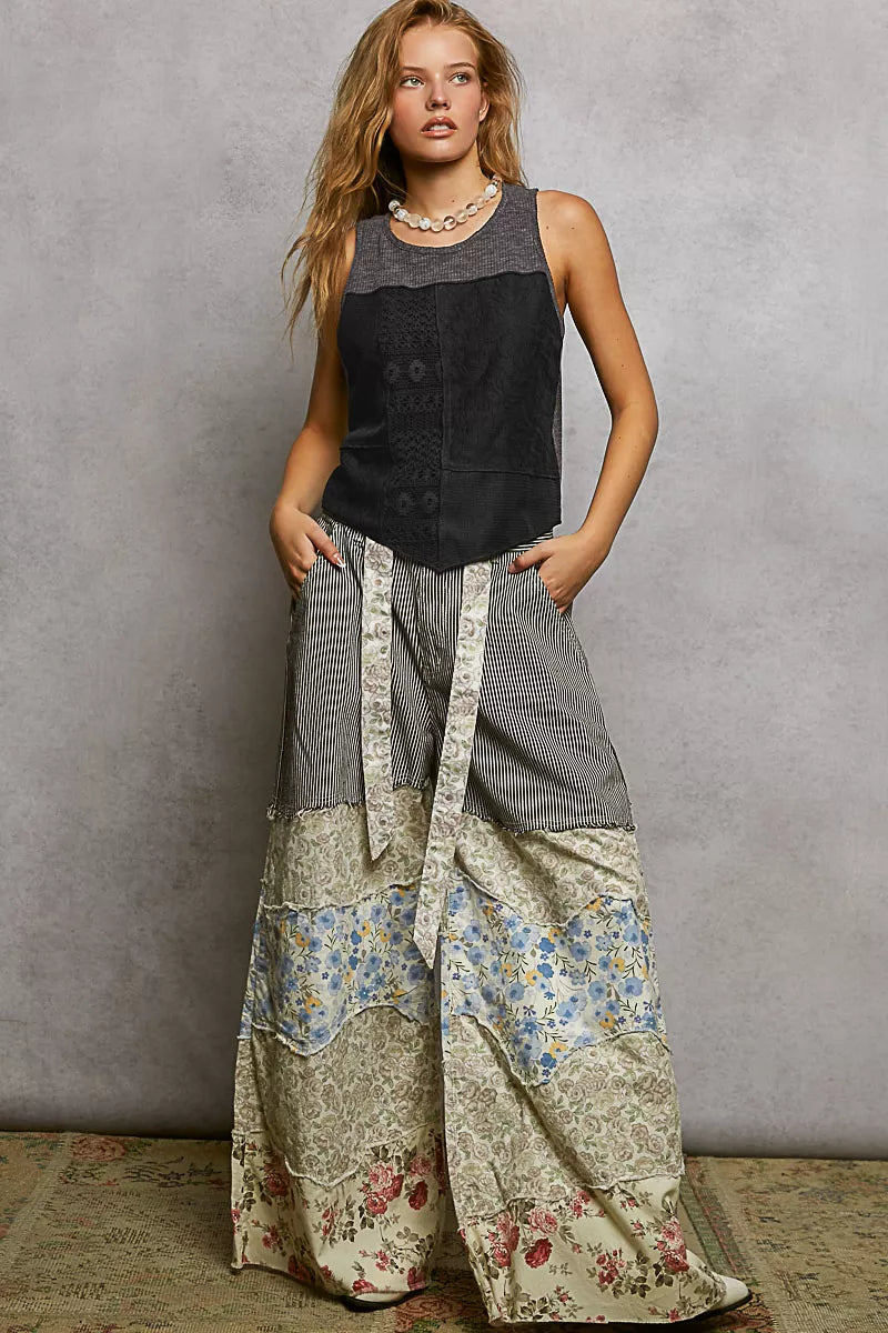 POL Ribbed Round Neck Cropped Tank with Lace Detail
