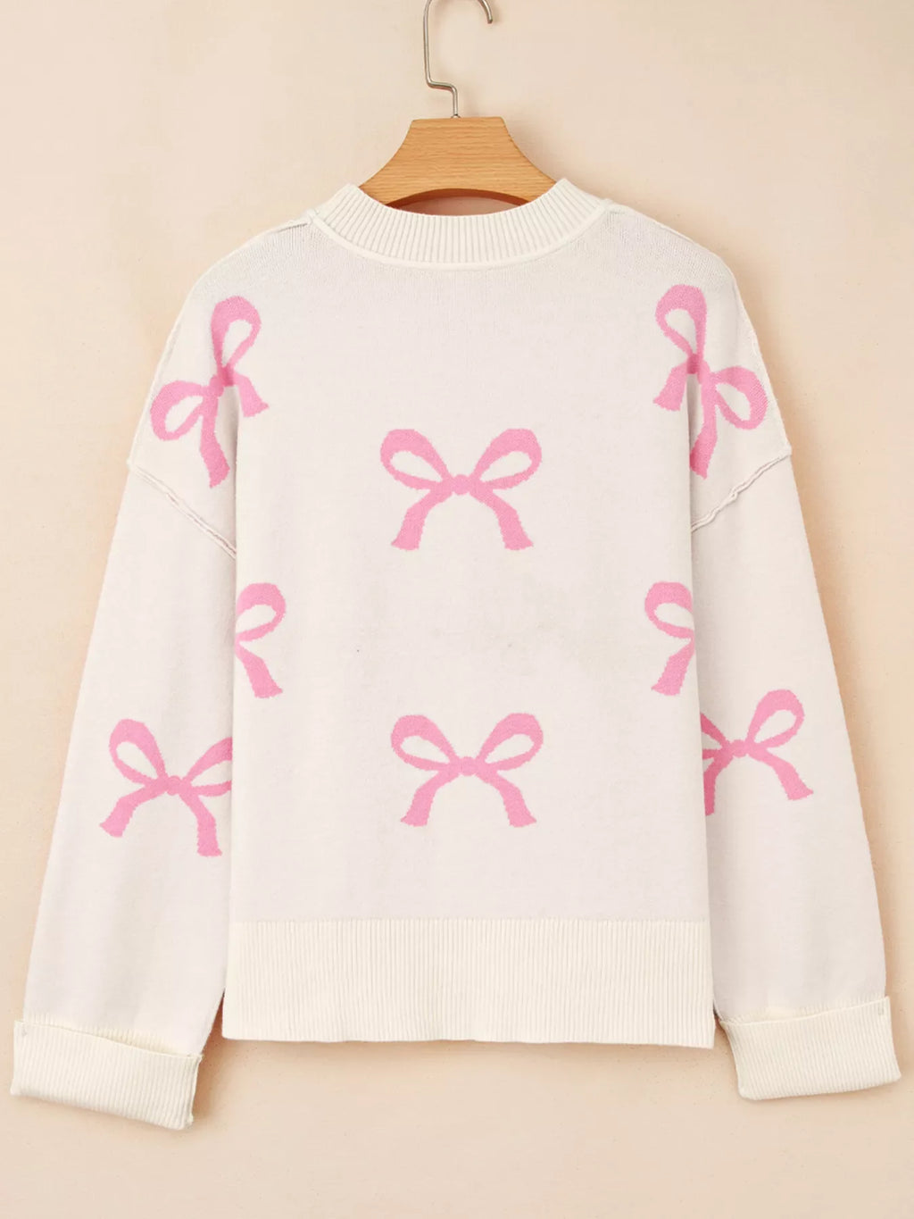Bow Print Ribbed Trim Exposed Seam Drop Shoulder Loose Sweater