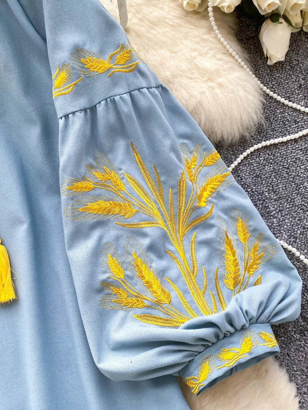 Embroidered Wheat Pattern Tie Neck Blouse
