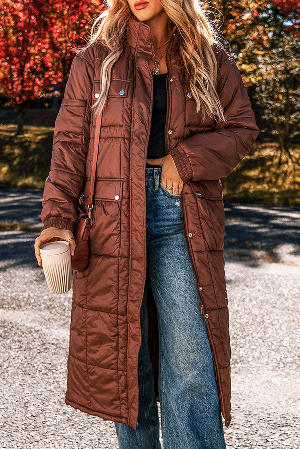 Solid Quilted Stand-Neck Zip-Up Buttoned  Puffer Coat