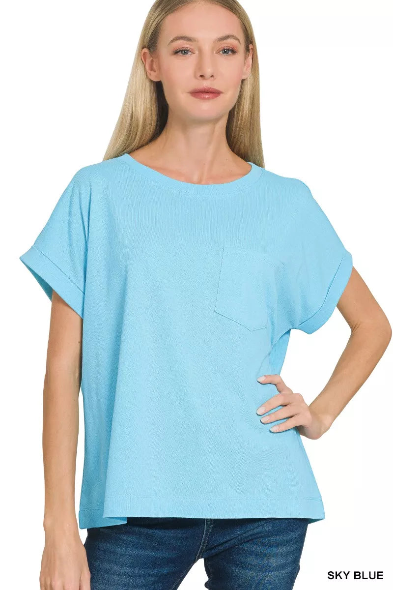 Zenana Cuffed Front Pocket Short Sleeve Tee
